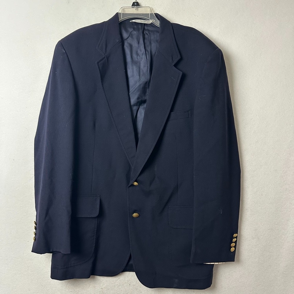 Lands End Mens Navy Blue 100% Wool Blazer Gold Crest Button Sport Coat 44L
